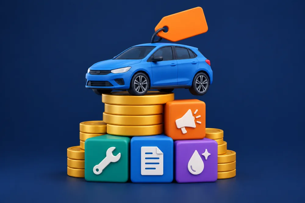 Ilustração de carro sobre blocos de custos como mecânica, documentação e anúncios, com etiqueta de preço no topo