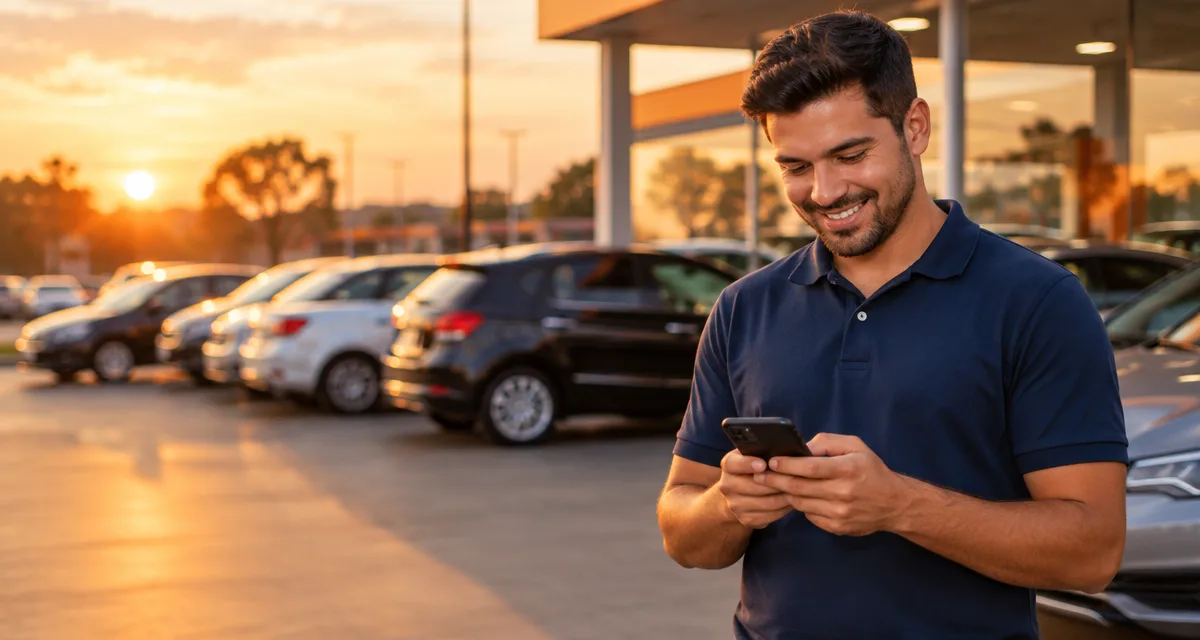 Vendedor de loja de carros respondendo cliente pelo WhatsApp no celular, com carros seminovos ao fundo
