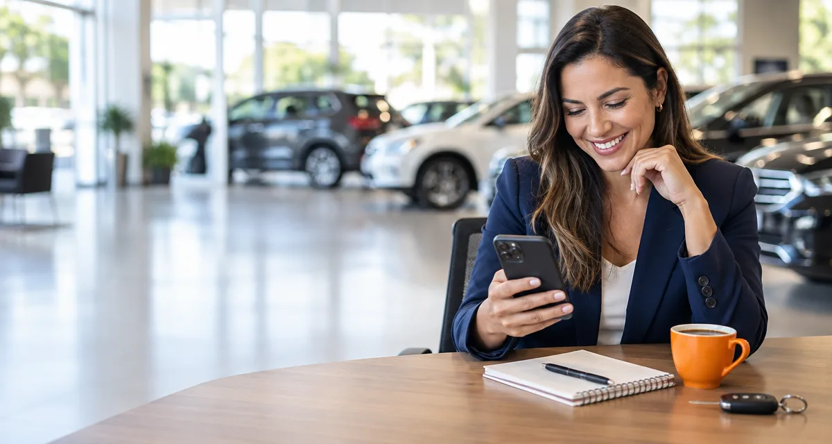 Vendedora de revenda de carros sorrindo ao receber a resposta de um cliente no WhatsApp após o follow-up