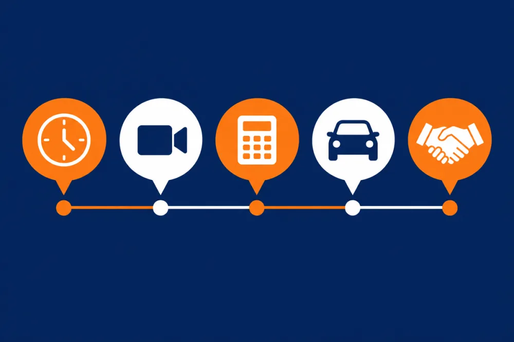 Linha do tempo com cinco etapas de follow-up de lead de carro, do primeiro contato à mensagem de encerramento